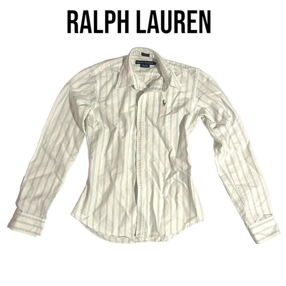 Ralph Lauren Boys Striped Long Sleeve Button Down Cotton White Green Slim Fit Si